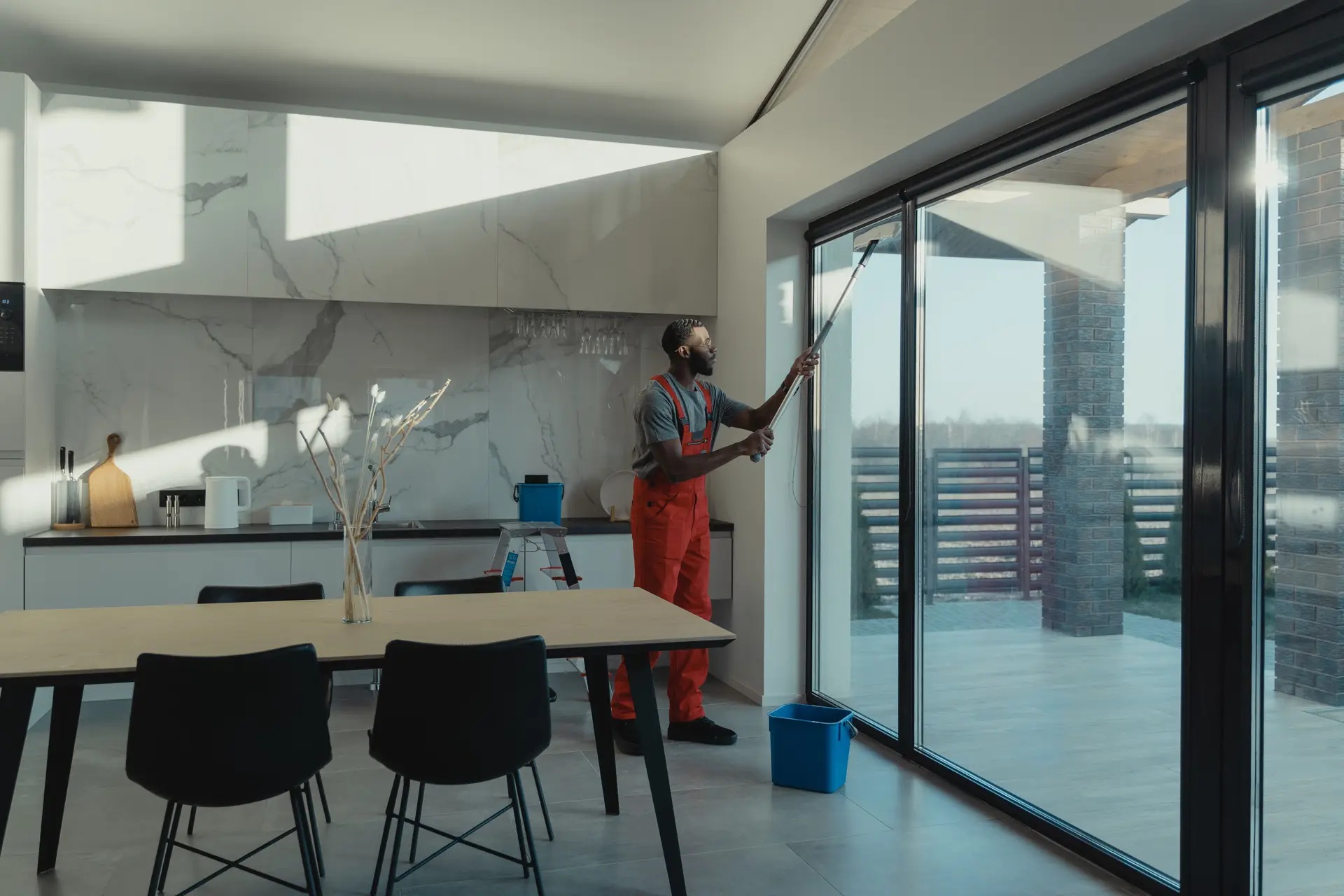 Professionelle Fensterreinigung in einem modernen Büro
